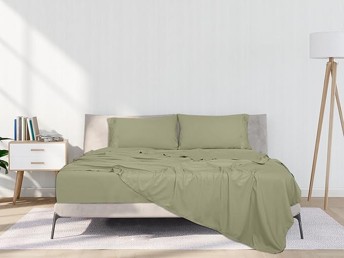 ROYALE LINENS 3 Piece Twin Sheets Set - Soft Brushed 1800 Microfiber Bedding - 1 Fitted and 1 Flat Sheet, 1 Pillow case - Wrinkle Free & Fade Resistant - Hotel Luxury Bed Sheets (Sage Green, Twin)