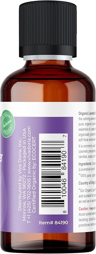 Viva Doria Lavandin Essential Oil, USDA Certified, Organic Lavandin Oil (Super Variety) 100% Pure, Natural Essential Oil, Undiluted, for Aromatherapy | Food Grade, 30 mL (1 Fluid Ounce)