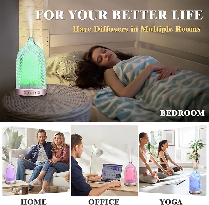 Glass Essential Oil Diffuser, 7 Colors Glass Diffusers for Essential Oils with 2 Mists Remote Control Auto-Off Timer, 200ML Aromatherapy Diffuser for Home Office Bedroom (Rose Gold)