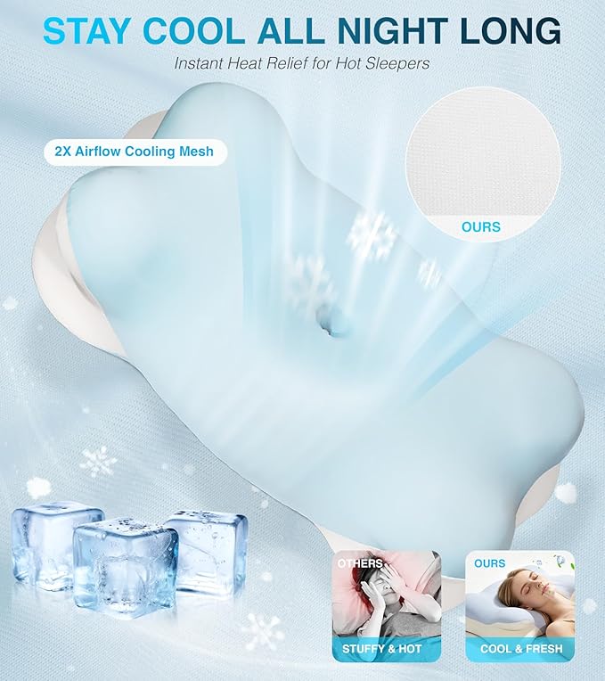 Ergo Pillow for Sleep Apnea, Cervical Neck Pillow for Neck Pain & Snoring Relief, Ergonomic Cooling Memory Foam Contour Bed Pillow, Orthopedic Neck Support for Side Back Stomach Night Sleepers