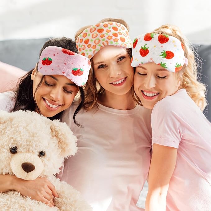 Cuffbow 6 Pack Plush Sleep Mask Set, Cute Plush Eye Masks for Sleeping, Soft Comfortable Travel Nap Blindfold, Sleepover Party Favors for Women(Strawberry,Pink)