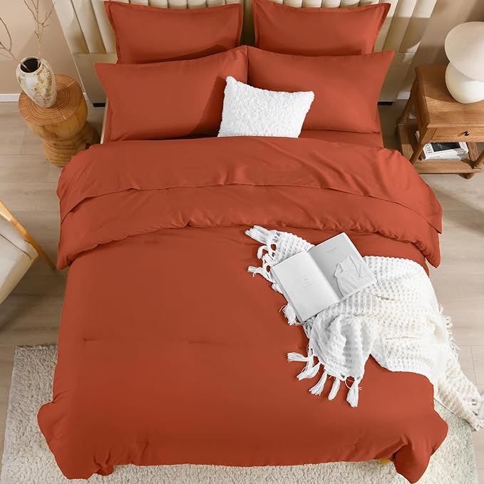 Litanika Burnt Orange Comforter Queen Size Set - 7 Pieces Terracotta Bed in a Bag Queen Bedding Comforter Sets, Plain Lightweight Bed Set with Comforter, Sheets, Pillowcases & Shams