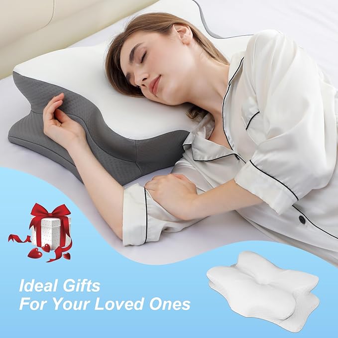 Cervical Neck Pillow for Pain Relief, Neck Support Pillows for Sleeping with Cooling Pillowcase, Contour Memory Foam Pillows, Ergonomic Orthopedic Pillow for Side Sleeper(Round White, White)