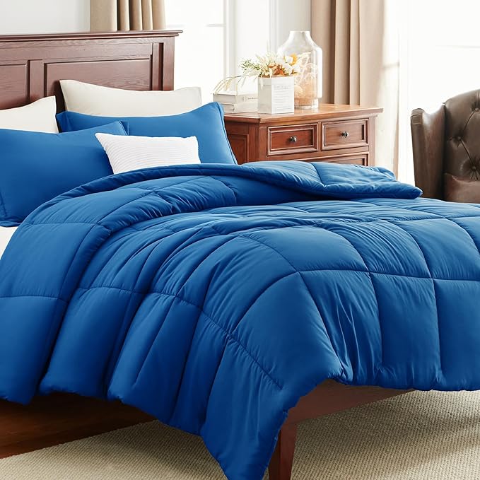 CozyLux Oversized King Comforter Set, 3 Pieces Classic Blue 120x98 Box Stitched Design Soft Bedding Set, All Season Lightweight Breathable Bed Set with 1 Down Alternative Comforter and 2 Pillow Shams