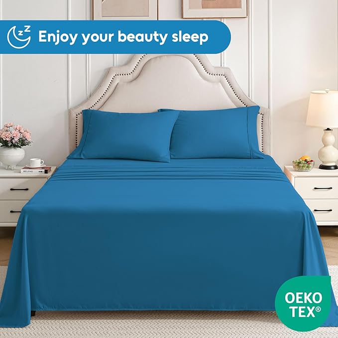 Twin Sheets Set, 3 Pieces Hotel Luxury Soft Microfiber Bed Sheets Set, Up to 16" Deep Pockets, Oeko-Tex Sheets with Elastic, Breathable, Wrinkle Free (Peacock Blue,Twin)