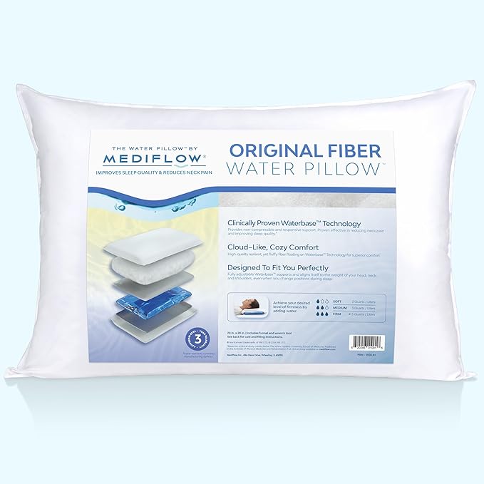 Mediflow Fiber Water Pillow - Adjustable Bed Pillow for Neck Pain Relief, Ideal for Side, Back, and Stomach Sleepers, Clinically Proven for Comfort and Support (4 Pillows)