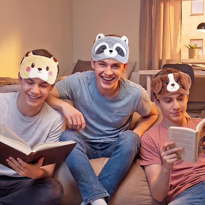 Geyoga 3 Pcs Sleep Mask for Kids, Girls Plush Sleeping Eye Cover Soft Eye Blindfold Cover Animal Shade for Kids(Colorful,Dog, Hamster, Raccoon Style)