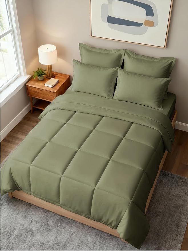King Comforter Set - 7 Piece Bed in a Bag King Size Bed Set - Down Alternative Comforter, Flat Sheet, Fitted Sheet, Pillowcase & Shams for All Seasons - Ultra Soft, Comfy and Breathable - Sage Green