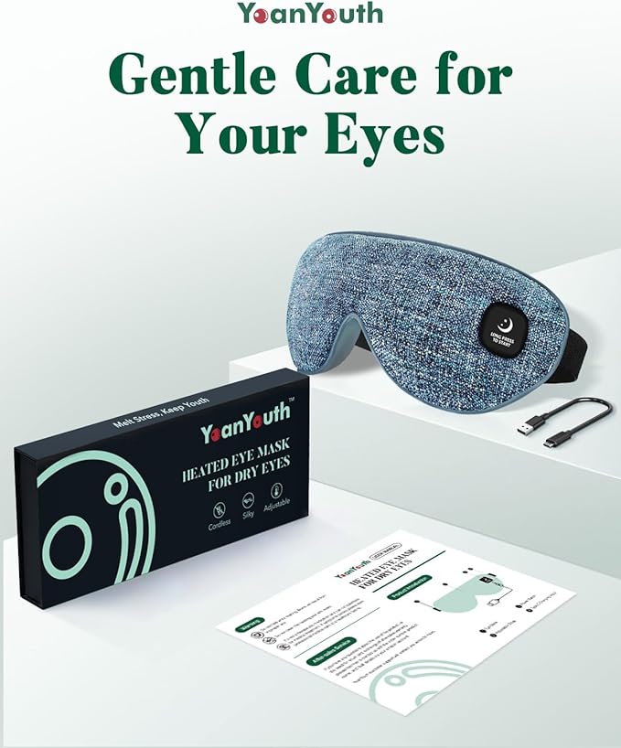 YoanYouth Heated Eye Mask for Dry Eyes, FSA Eligible HSA, Cordless Warm Compress for Eyes, Light Blocking Eye Heating Pad, Styes, Sleep, Cover Washable, Rechargeable, Deep Blue