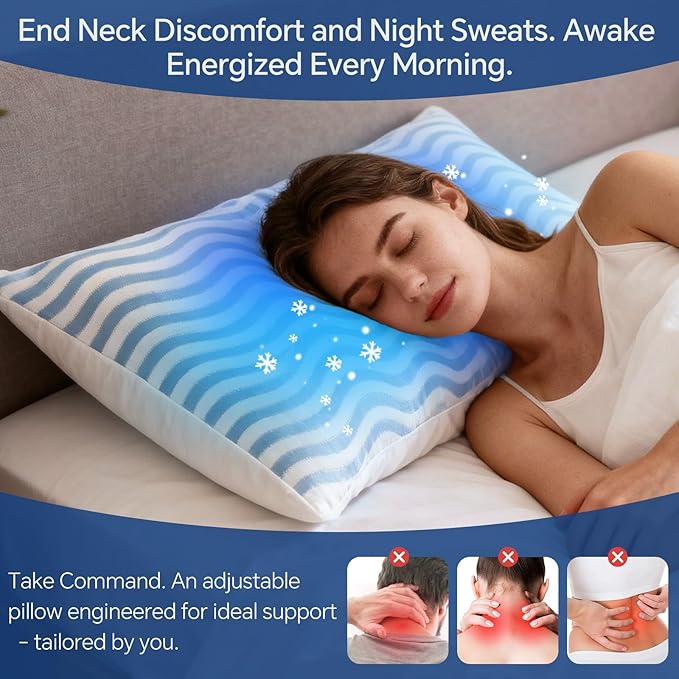 SLEEPDIARY Queen Pillow 1 Pack – Adjustable Shredded Memory Foam Cooling Bed Pillows, Custom Loft for Side, Back, and Stomach Sleepers, Shape-Retaining Support & Washable Cover