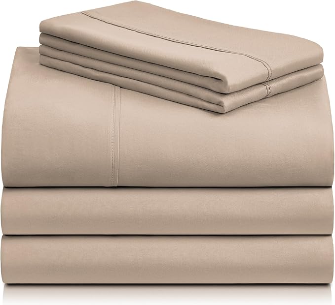 LuxClub 5 PC Split King Sheet Set, Breathable Luxury Bed Sheets, Deep Pockets 18" Eco Friendly Wrinkle Free Cooling Sheets Machine Washable Hotel Bedding Silky Soft - Light Khaki Split King