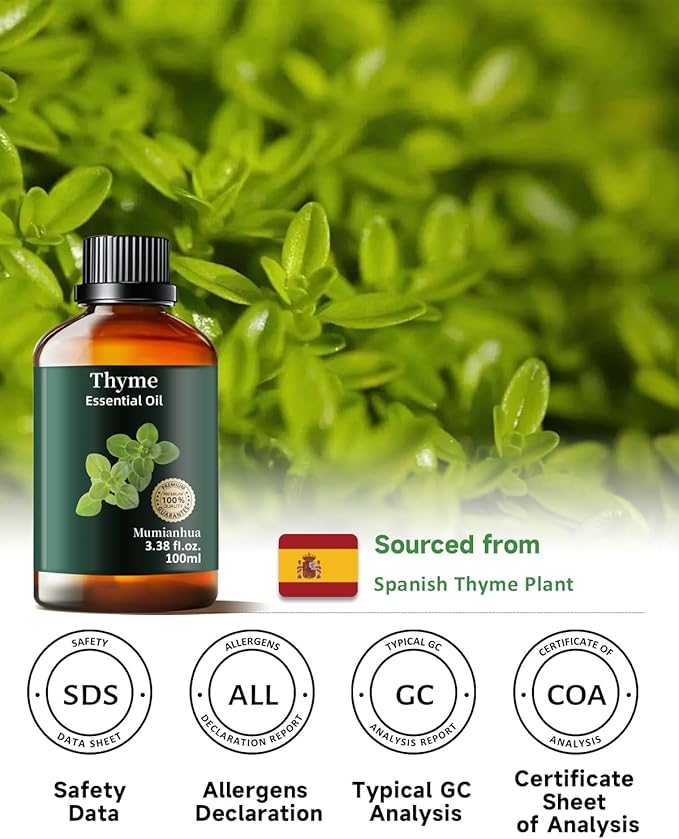 Thyme Essential Oil, Pure Thyme Oil Mumianhua Natural Outdoor Shield & Barrier Spray, for Patio, Garden, Camping, Air Purifying Diffuser & Skin 3.38 Fl Oz