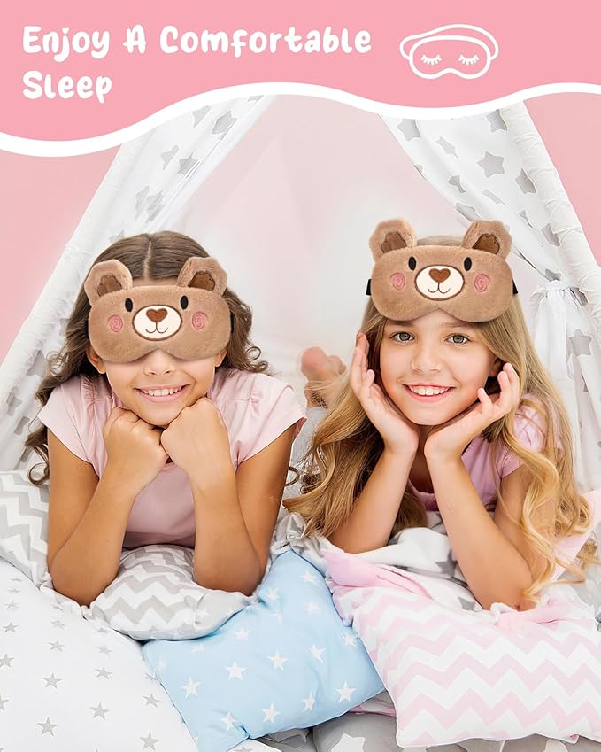 Miss Adola Sleep Mask for Kids - Valentines Gift for Kids Cute Plush Fuffy Sleeping Eye Cover Kawaii Soft Eyeshade Animal Eye Blindfold for Girls Boys Teens with Adjustable Strap, Bear