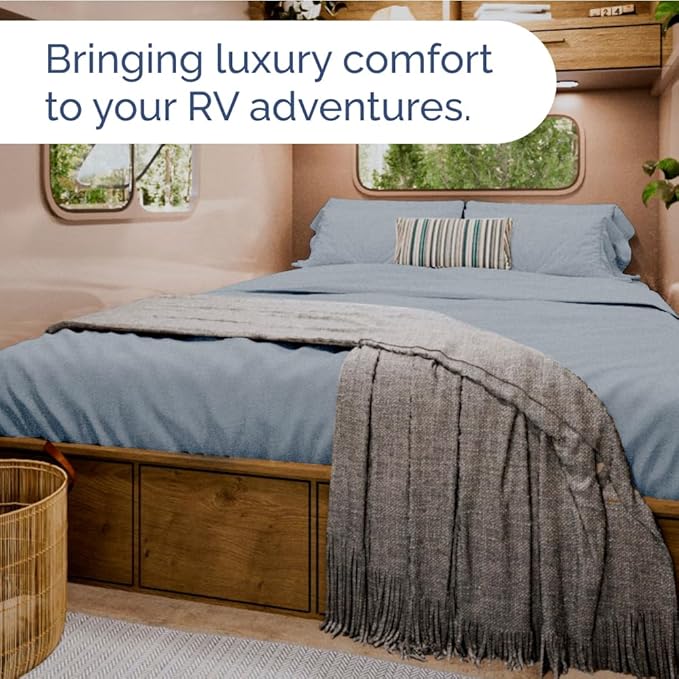 Short Queen Size 4 Piece Sheet Set - RV Short Queen, Soft, Breathable & Cooling Bed Sheets Set with Deep Pockets - Hotel Luxury Bedding for Women & Men - Wrinkle Free & Fade Resistant - Heathered Blue