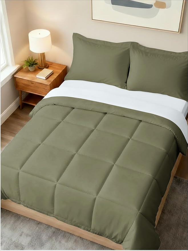 Queen Comforter Set - 3 Piece Bed Set for All Seasons - 1 Soft Quilted Comforter w/ Corner Tabs & 2 Pillow Shams - Comfy & Breathable - Premium Down Duvet Insert - Oeko-TEX - Queen Size, Sage Green