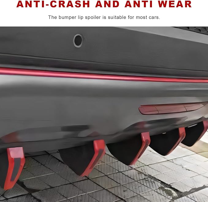 4 PCS Car Lower Bumper Lip Diffuser, Anti-Crash Auto Rear Splitter Lip Wing Protector with Mounting Screws, Universal Rear Spoiler Shark Fin Decoration for Car Truck SUV (Curved Black & Red)