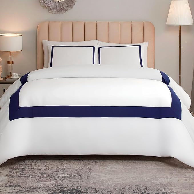 OSVINO Queen Duvet Cover Set - Hotel Collection Navy Blue Line Pattern Microfiber Bedding, 3 Pieces with Pillowcase, Soft Breathable with Zipper Closure, Lightweight All-Season, Comforter Not Included