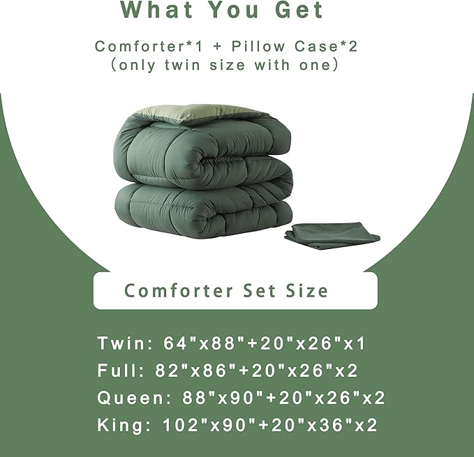 DOWNCOOL Queen Comforter Set -All Season Bedding Comforters Sets with 2 Pillow Cases-3 Pieces Bedding Sets Queen -Down Alternative Double Green Queen Size Comforter Sets(88"x92")