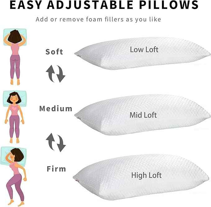 Cooling Pillow for Sleeping King Size Set of 2, Shredded Memory Foam Pillows Adjustable Firm Bed Pillow with Zipper, Cool Pillow for Hot, Side, Back and Stomach Sleepers