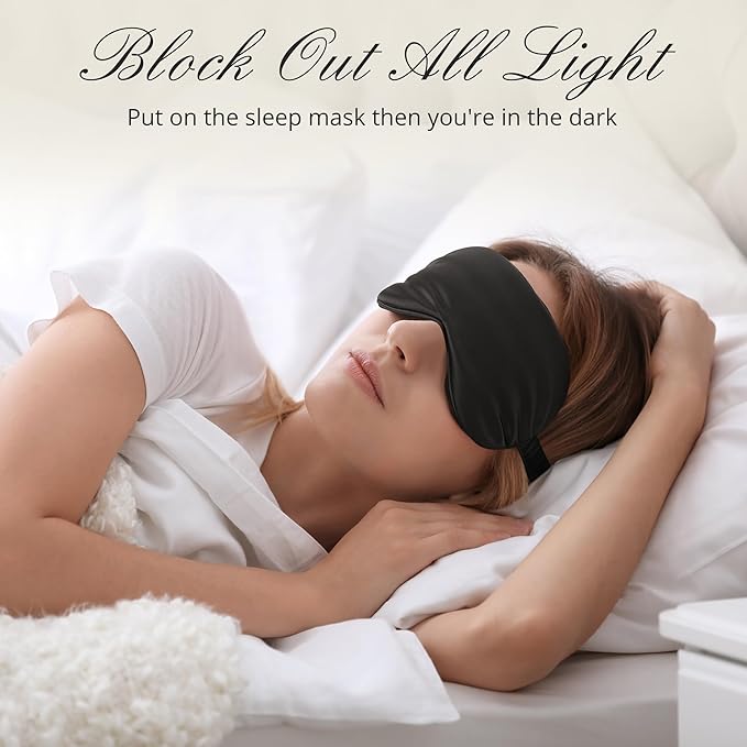 BOKOR Adjustable Silk Sleep Mask, Eye Mask for Sleep, Mulberry Silk Luxury Eye Cover, 100% Light-Blocking, Improve Sleep, with Travel Bag - Black