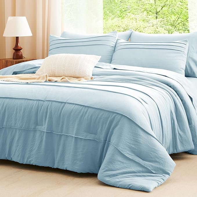CozyLux King Size Comforter Set Light Blue, 7 Pieces Soft Pinch Pleat Bed in a Bag King Comforter Set with Sheets, Boho Bed Set with Down Alternative Comforter, Sheets, Pillowcases & Shams