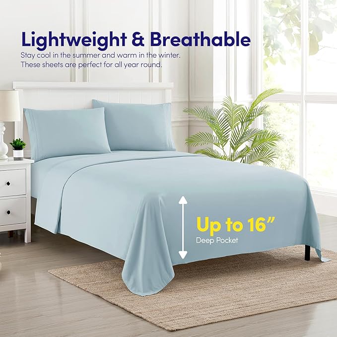 1500 Supreme Collection Queen Sheet Sets Light Blue- Luxury Hotel Bed Sheets and Pillowcase Set for Queen Mattress - Extra Soft, Elastic Corner Straps, Deep Pocket Sheets, Queen Light Blue