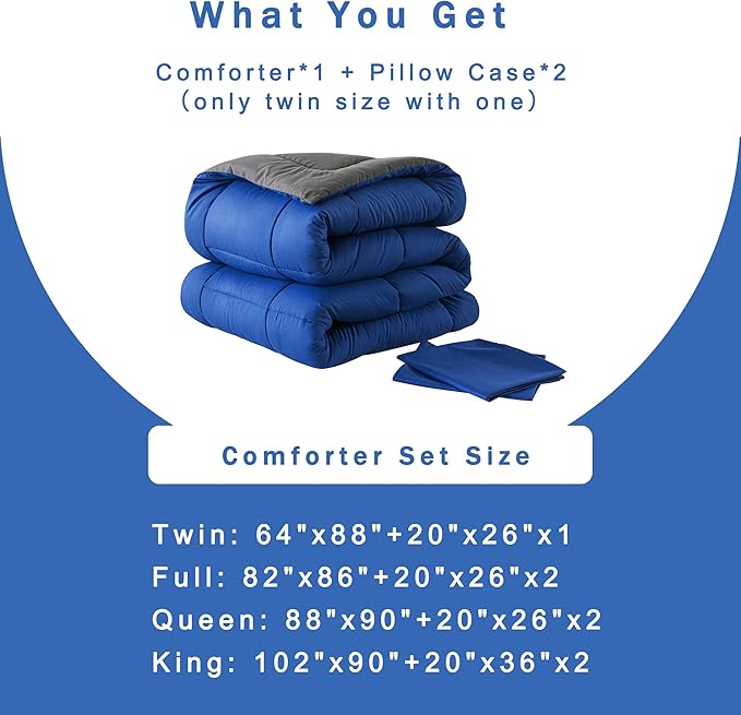 DOWNCOOL Blue/Grey Full Size Comforter Set - All Season Bedding with 2 Pillowcases - 3 Pieces Bed Set Down Alternative Comforter Set