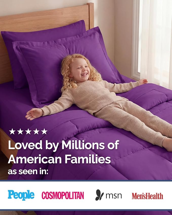 Twin Comforter Set - 5 Piece Bed in a Bag Twin Size Bed Set - Down Alternative Comforter, Flat Sheet, Fitted Sheet, Pillowcase & Sham for All Seasons - Ultra Soft, Cozy, Comfy & Breathable - Purple