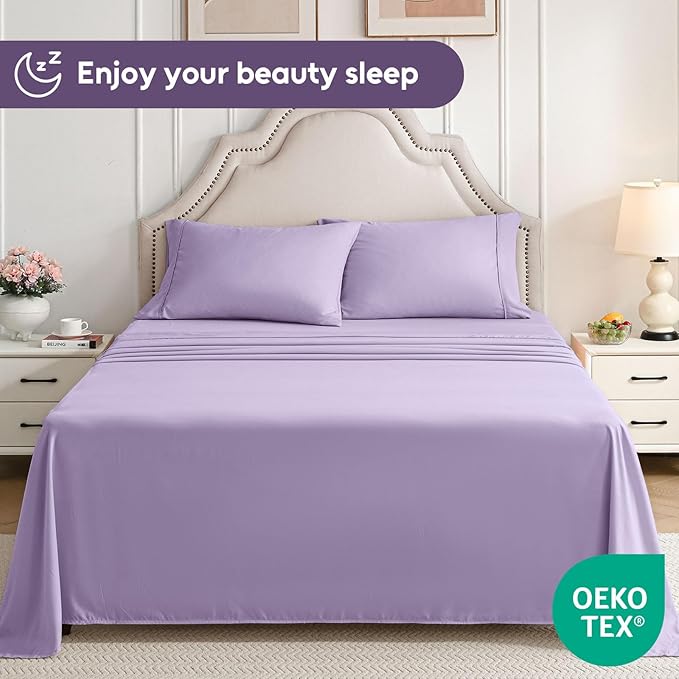 Twin XL Sheets Set, 3 Pieces Hotel Luxury Soft Microfiber Bed Sheets Set, Up to 16" Deep Pockets, Oeko-Tex Sheets with Elastic, Breathable, Wrinkle Free (Purple, Twin XL)