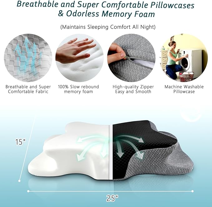CHxxy Cervical Neck Pillow for Pain Relief Sleeping, Memory Foam Pillows, Ergonomic Side Sleeper Pillows, Cooling Orthopedic Neck Support Pillow for Back Stomach Sleepers-Queen Size Black&Grey