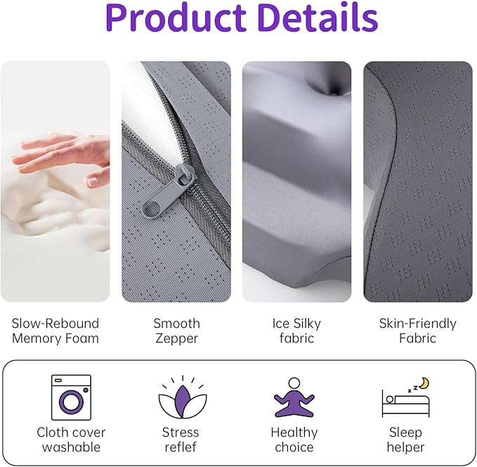 Cervical Pillow for Side Sleepers, 4" / 5" High Loft for Broad Shoulders, Neck Support Memory Foam Pillow for Pain Relief, Cooling Ice Silk Cover