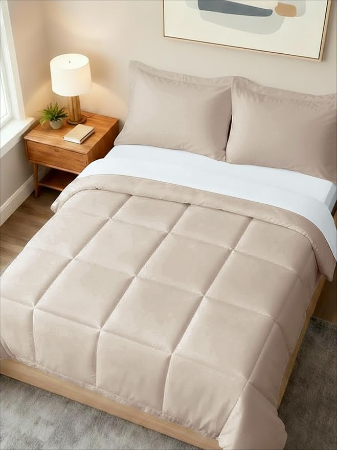Queen Comforter Set - 3 Piece Bed Set for All Seasons - 1 Soft Quilted Comforter w/ Corner Tabs & 2 Pillow Shams - Comfy, Cozy & Breathable - Premium Down Duvet Insert - Oeko-TEX - Queen Size, Wheat