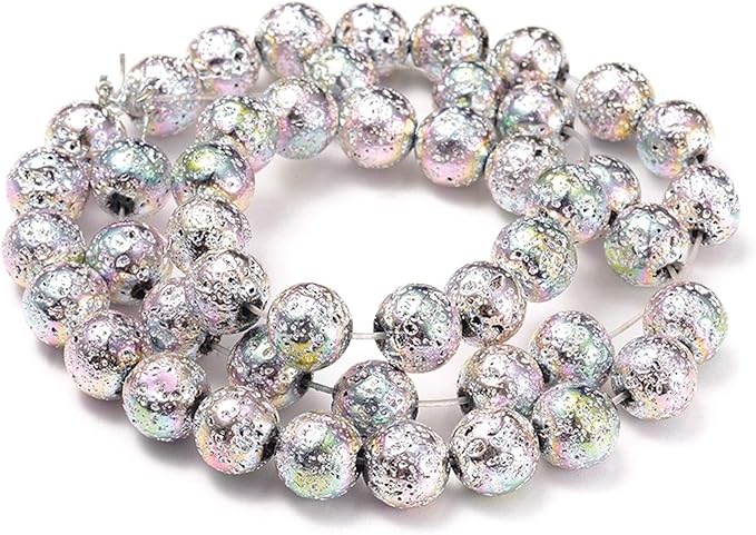 Craftdady 225Pcs Natural Round Lava Stone Beads 8-8.5mm Rainbow Silver Volcanic Rock Gemstone Loose Beads Metallic Energy Healing Chakra Beads for Jewelry Craft Essential Oil Bracelet