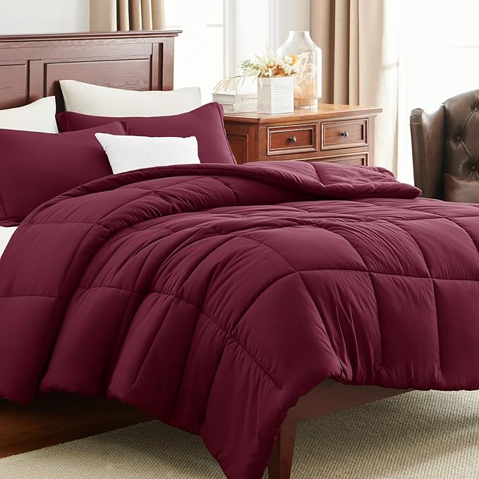 CozyLux Full Size Comforter Sets - Burgundy Comforter Full Size, 3 Pieces Box Stitched Bed Set for All Seasons, Soft Lightweight Bedding Sets with 1 Down Alternative Comforter and 2 Pillow Shams