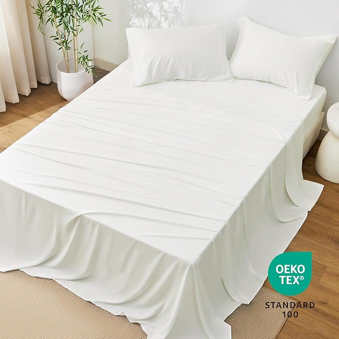 Love's cabin 4 Piece California King Size Sheet Set, 100% Rayon Derived from Bamboo, Cooling & Breathable, Soft Silky Deep Pocket up to 16", Hotel Luxury Bedding for Hot Sleepers, White