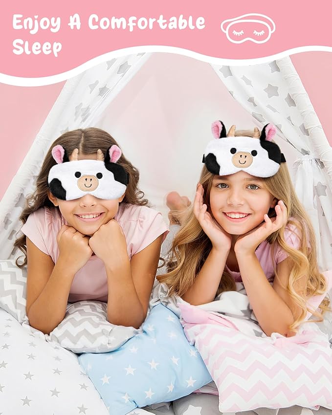 Miss Adola Sleep Mask for Kids - Valentines Gift for Kids Cute Plush Fuffy Sleeping Eye Cover Kawaii Soft Eyeshade Animal Eye Blindfold for Girls Boys Teens with Adjustable Strap, Cow
