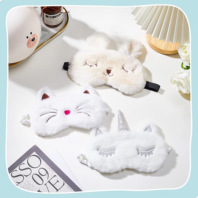 Geyoga 3 Pcs Sleep Mask for Kids, Girls Plush Sleeping Eye Cover Soft Eye Blindfold Cover Animal Shade for Kids(White,Cat and Unicorn Style, White)
