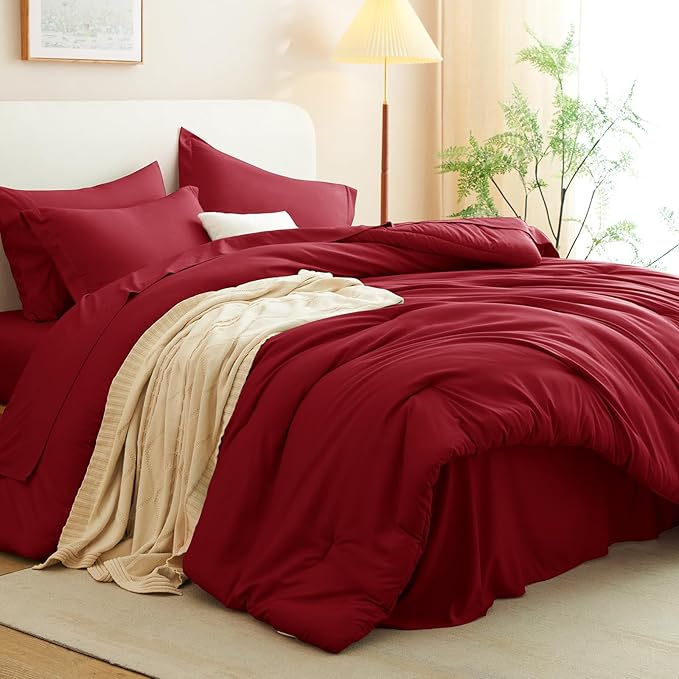 CozyLux Twin XL Comforter Set Dark Red, 5 Pieces Bed in a Bag Twin Extra Long Comforter Set with Sheets for College Dorm, Luxury Bedding Sets with Down Alternative Comforter, Sheets, Pillowcase & Sham