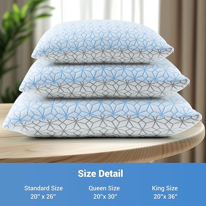 puredown® Pillows Queen Size Set of 2, Cooling Pillow Queen Size 2 Pack, Adjustable Shredded Memory Foam Pillows for Side Back Stomach Hot Sleepers, Ice Blue