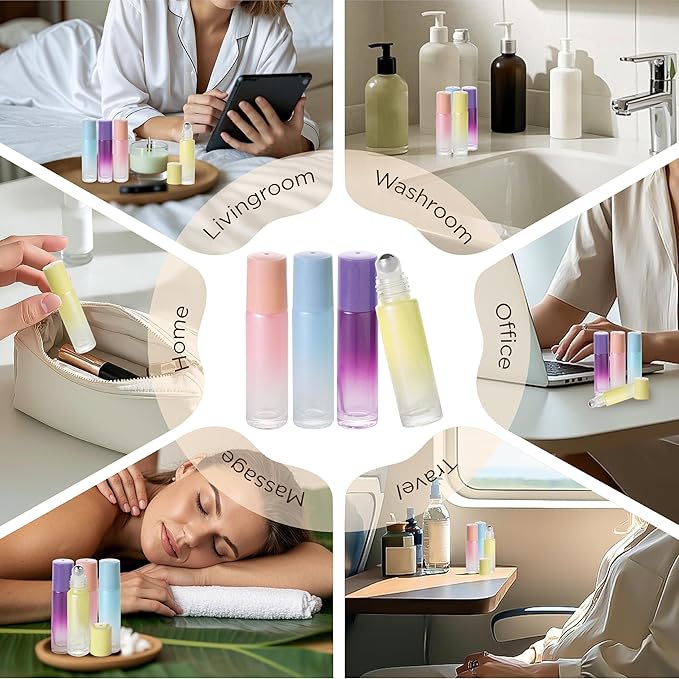 SESENSE Essential Oil Roller Bottles, 10ml Thick Glass Perfume Roller Bottles with Funnel Opener and Dropper (Multicolor, 12 Pack)