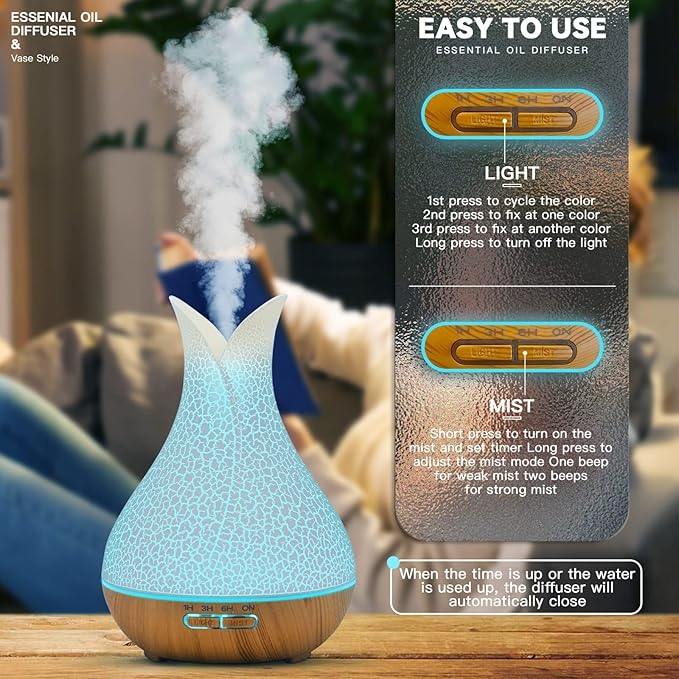 Essential Oils Diffuser, 500 ml Ultrasonic Aromatherapy Diffuser with 7 Ambient Lights 4 Timer Remote Self-Switching Off Waterless, Humidifier Diffuser for Home Large Room