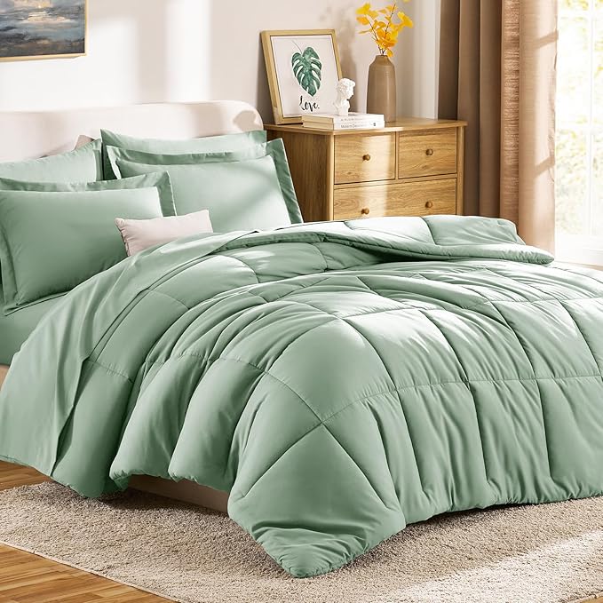 CozyLux Full Size Comforter Sets Sage Green - 7 Pieces Bed in a Bag Full, Oeko-Tex Certified Bed Set, All Season Soft Bedding Set with Down Alternative Comforter, Sheets, Pillowcases & Pillow Shams