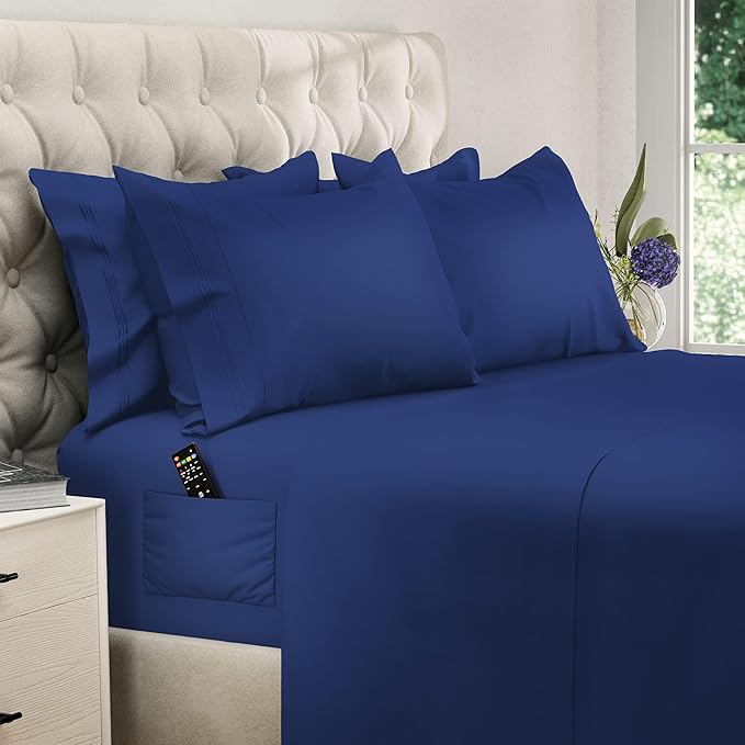 DREAMCARE California King Sheet Sets - 6 pcs Breathable Cooling Bed Sheets - up to 21" Extra Deep Cal King Sheets with Side Pockets - Extra Soft 100% Brushed Hypoallergenic Hotel Luxury Bedding N-Blue