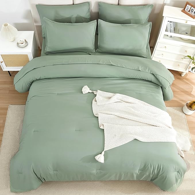Litanika Comforter California King Size Set Sage Green - 7 Pieces Bed in a Bag California King Bedding Comforter Sets, Plain Lightweight Bed Set with Comforter, Sheets, Pillowcases & Shams