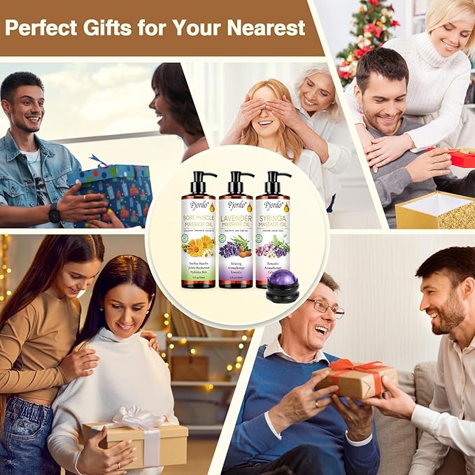 Pjordo Body Massage Oil for Massage Therapy Kit, Lilac, Lavender, Sore Muscle Arnica Oil with Massage Roller Ball, Relaxing Massage Oils for Pain Relief, Spa Gift Set for Him Her