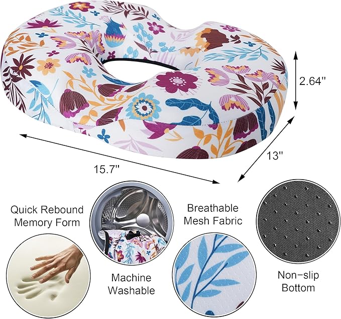 Donut Pillow Seat Cushion for Tailbone Pain Relief and Hemorrhoids, Home Office Chair Cushion for Long Sitting Work, Memory Foam Car Seat Cushions for Driving Butt Pain & Postpartum Pregnancy