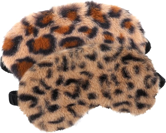 2 Pcs Plush Leopard Eye Mask Soft Sleeping Blindfold Eye Cover Comfortable Furry Faux Fur Sleeping Mask Satin Nap Night Eyeshade Cover for Women Men Gift (Brown, Coffee)
