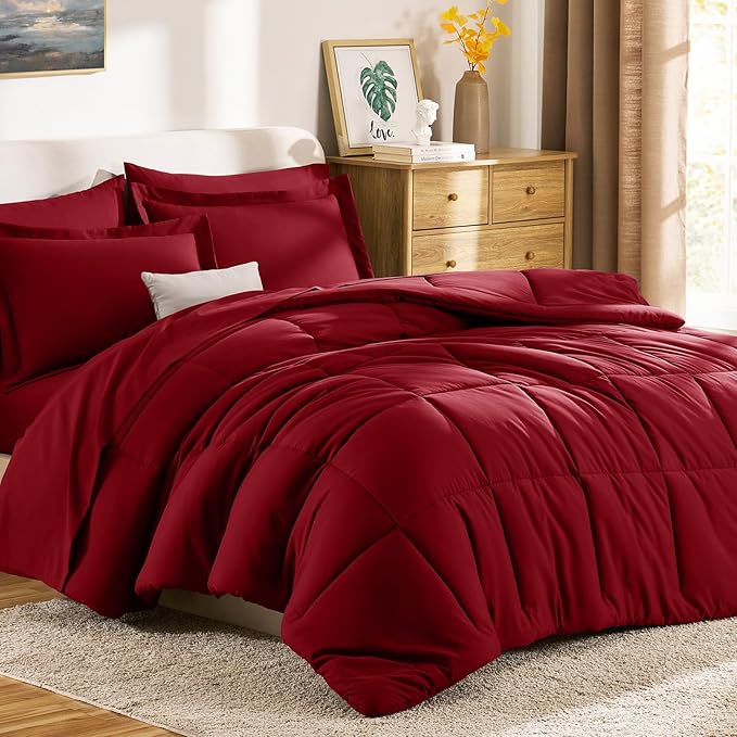 CozyLux King Size Comforter Set Dark Red - 7 Pieces Bed in a Bag King, Okeo-Tex Certifited Bedding Set, All Season Soft Bed Set with Down Alternative Comforter, Sheets, Pillowcases & Pillow Shams