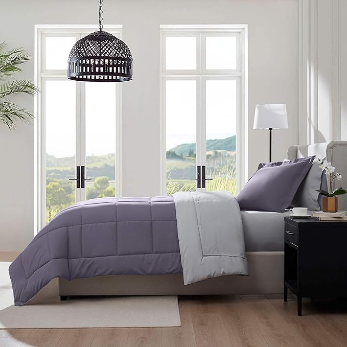 Nestl 7 Piece Twin XL Comforter Set – Grayish Purple Reversible Bed in a Bag – Complete Twin XL Size Bedding Set with Sheets, Set of 2 Down Alternative Pillows, Pillowcase and Sham