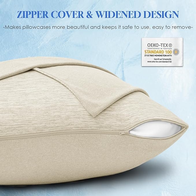 CHOSHOME Cooling Pillow Cases Zipper Pillow Covers Q-Max > 0.45 Zippered Pillowcases for Hot Sleepers, Soft, Breathable, Skin-Friendly, 2 Pack (Standard, 20"x26", Beige)
